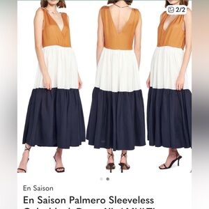 En Saison Sleeveless Colorblock Maxi Dress in Mustard, White & Navy